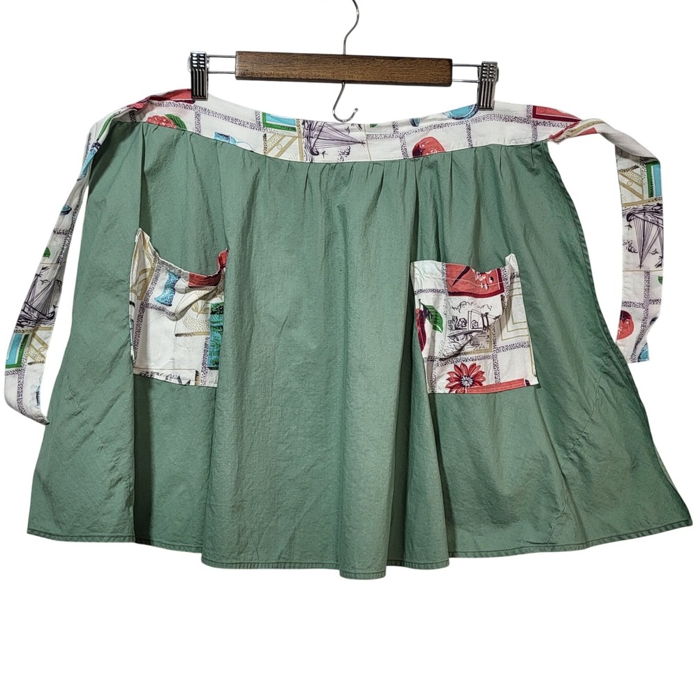 Vintage Sage Green Half Apron Novelty Print Pockets Retro‎ Mid-Century Modern